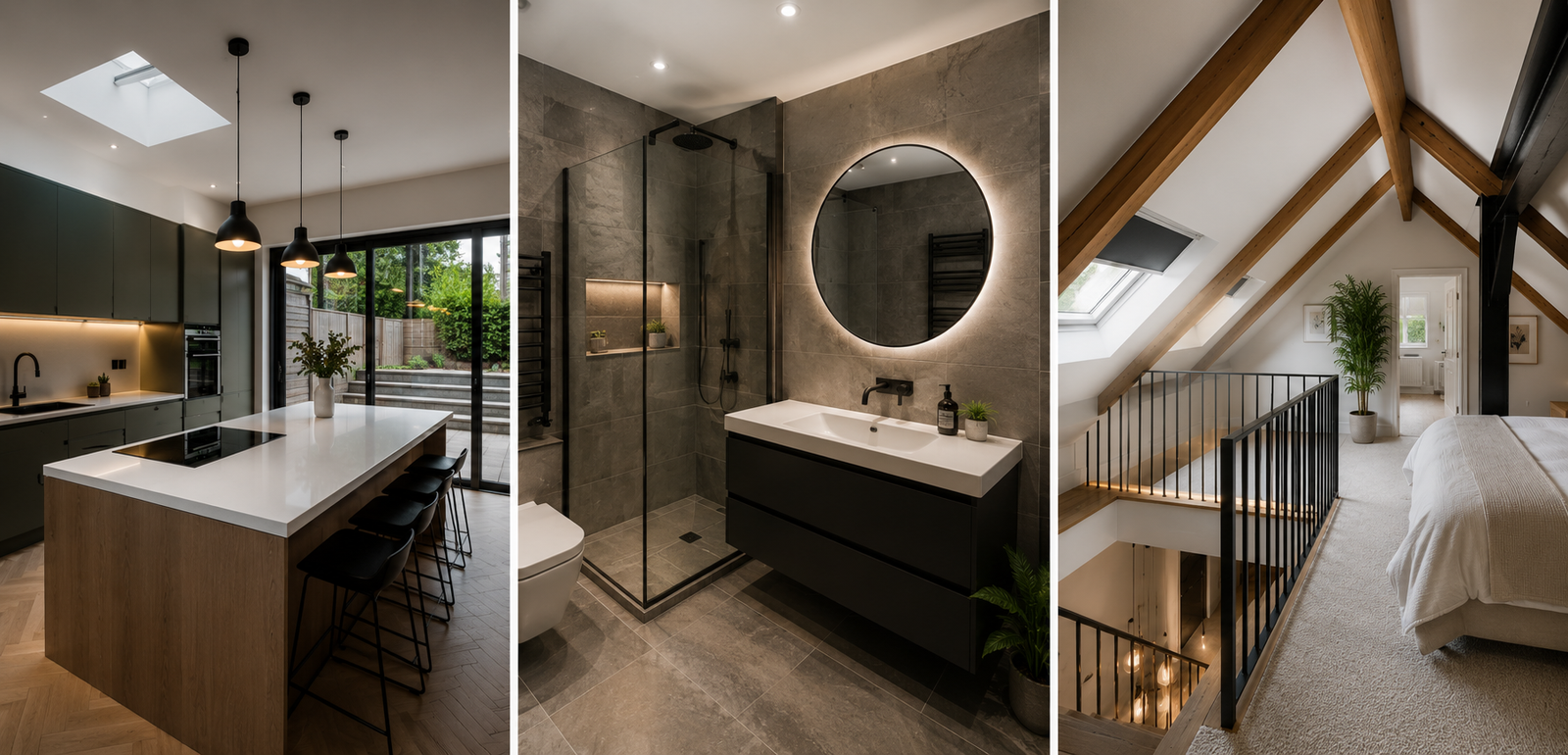 Open-plan kitchen extension with oak island, skylight and garden doors